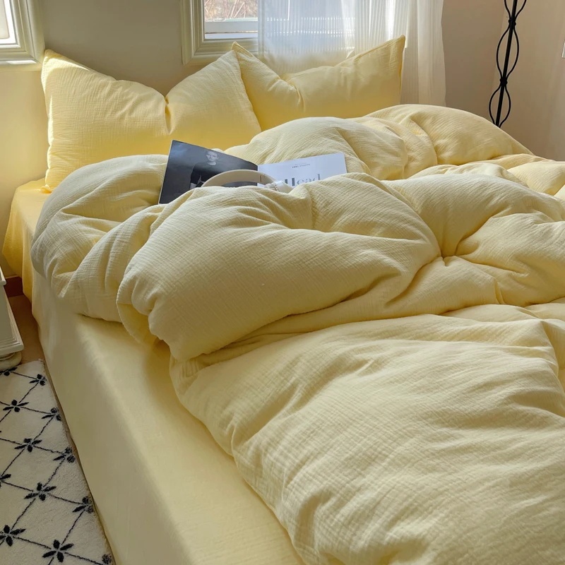 Japanese Style Mixed Washed Cotton 4-Piece Bedding Set Solid Color Duvet Cover with Soft Bed Sheets